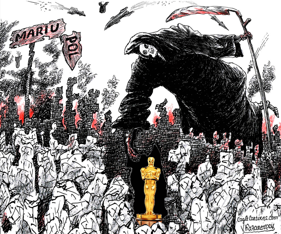 Grim Reaper towers over Mariupol ruins beside Oscar statue