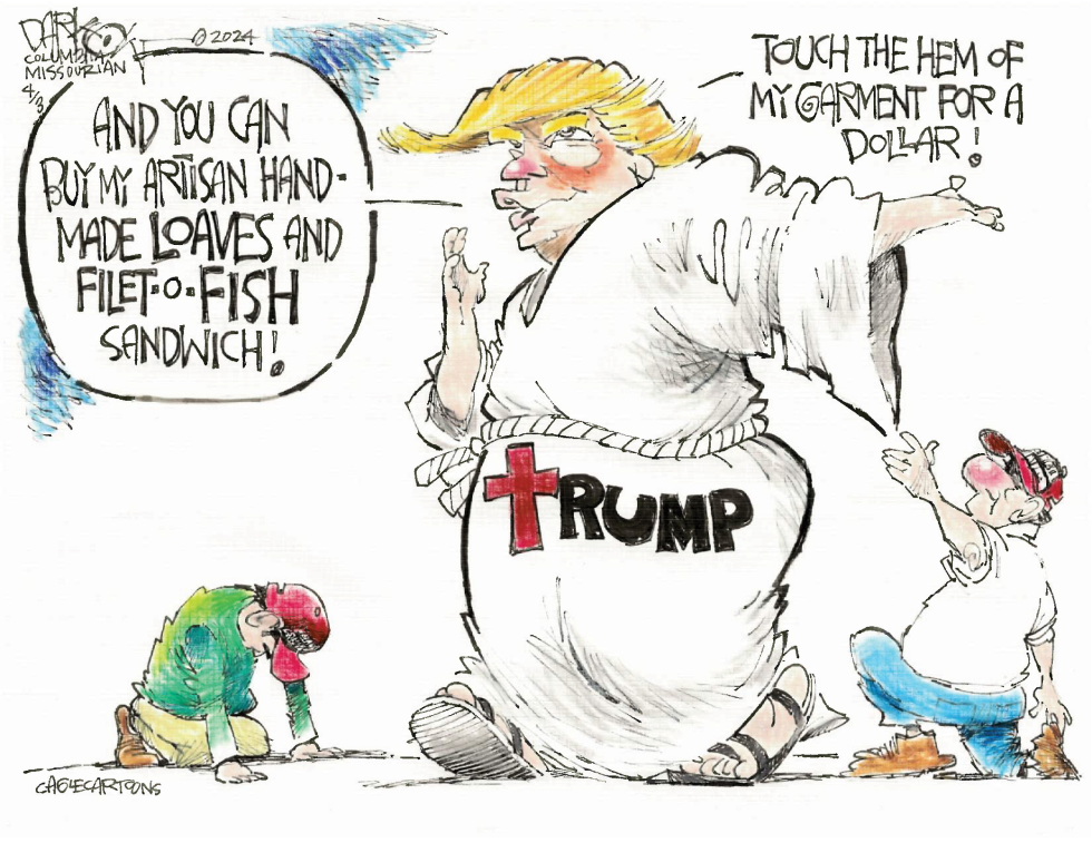In this donald trump political cartoon, a robed figure offers artisan loaves and filet-o-fish while charging for garment hem touches.