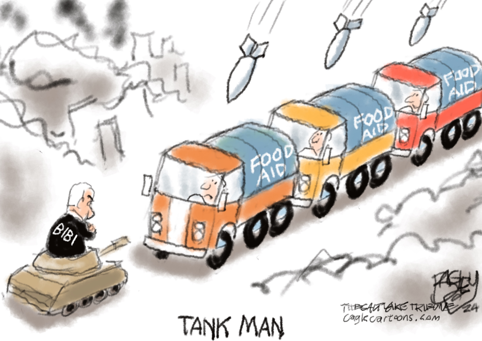 Netanyahu as Tank Man blocks Gaza food aid amid falling bombs