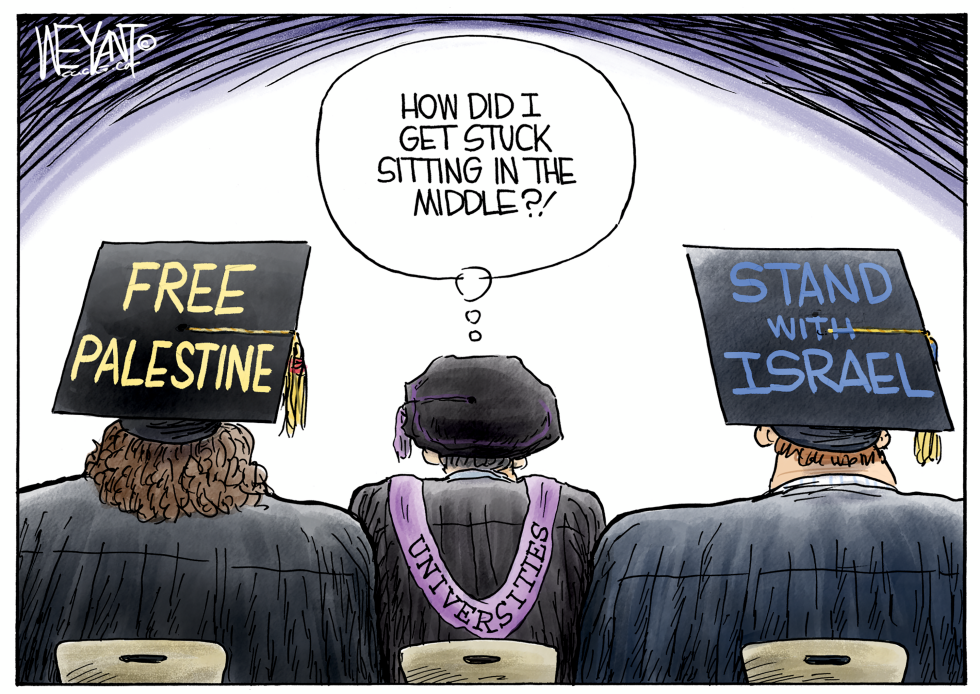 Graduates Flanked by Free Palestine and Stand With Israel Signs at Ceremony