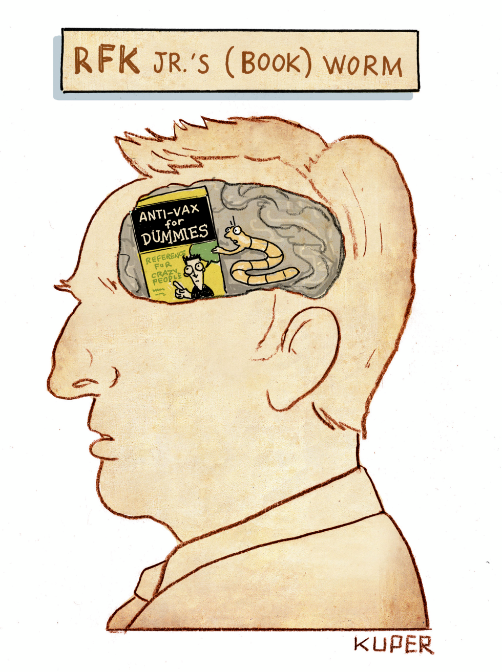 RFK Jr head shown with anti-vax book and worm inside