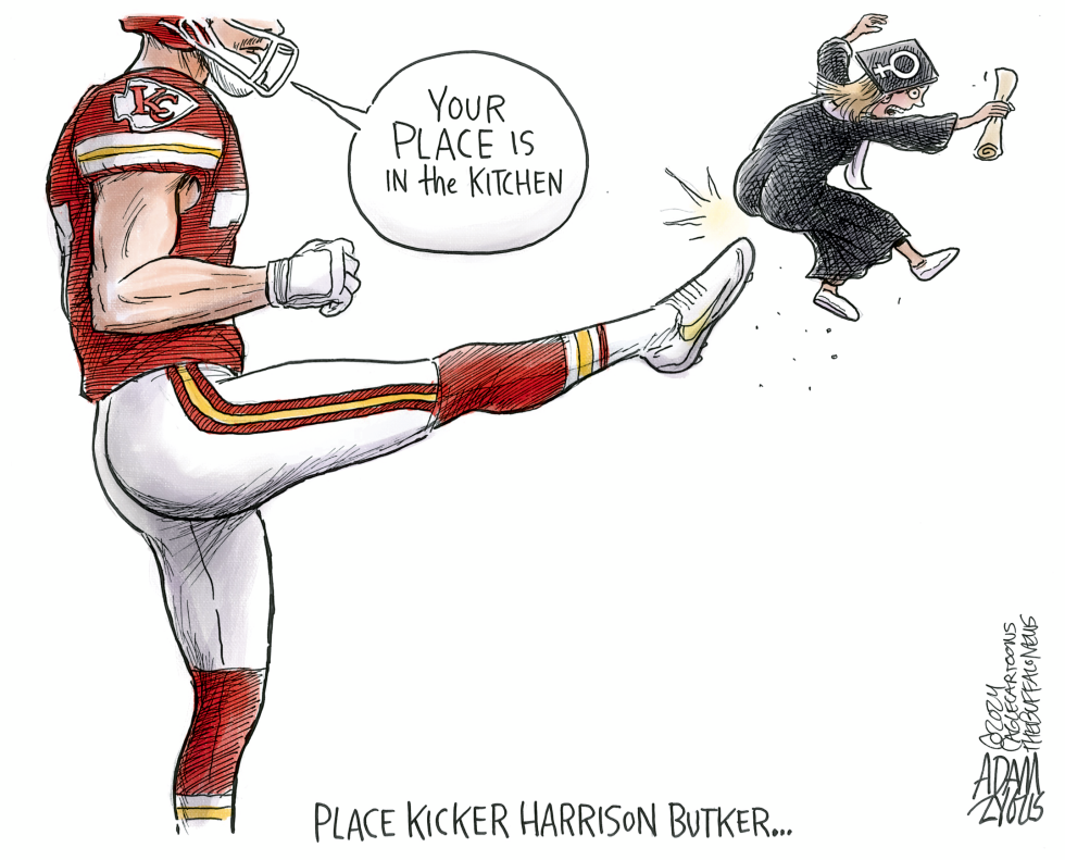 Cartoon Shows Football Player Kicking Graduate With Kitchen Remark