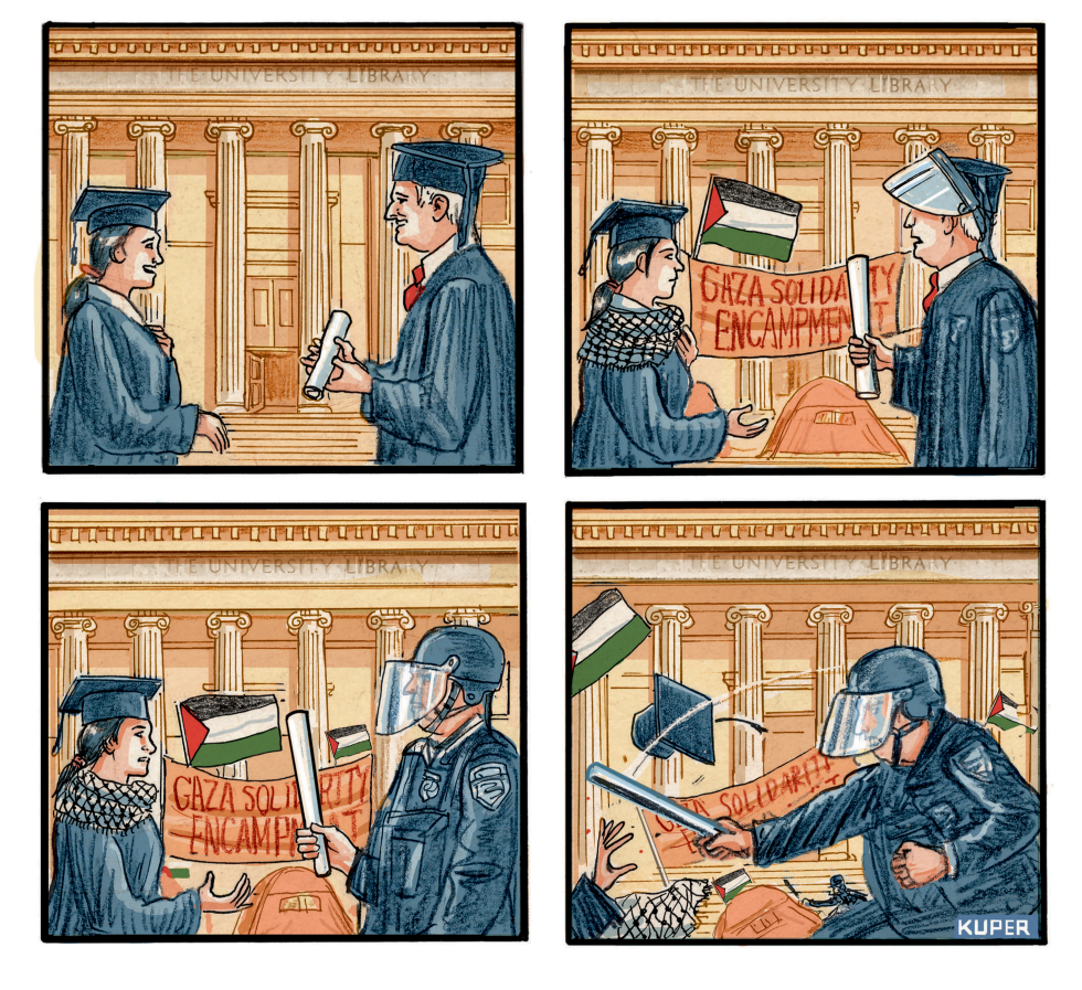 Four panels depict graduates and police at university library steps with encampment banner