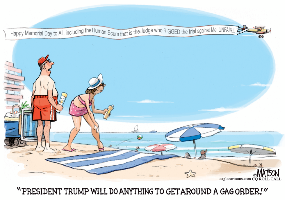 Trump's Sky-High Gag Order Dodge in Beach Cartoon