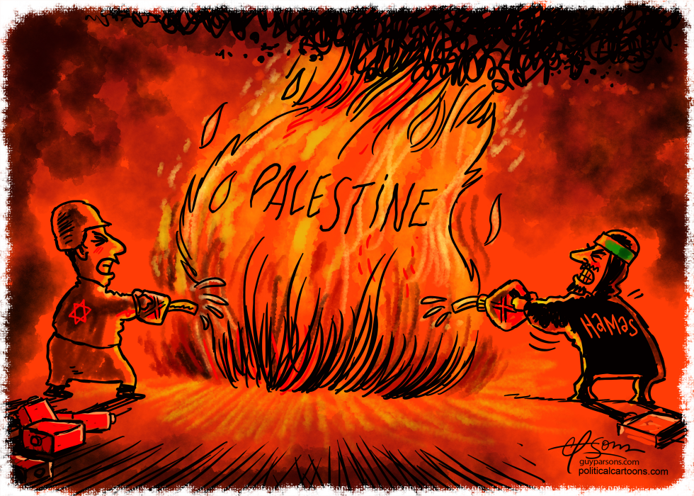 Israel and Hamas both fuel fire labeled No Palestine