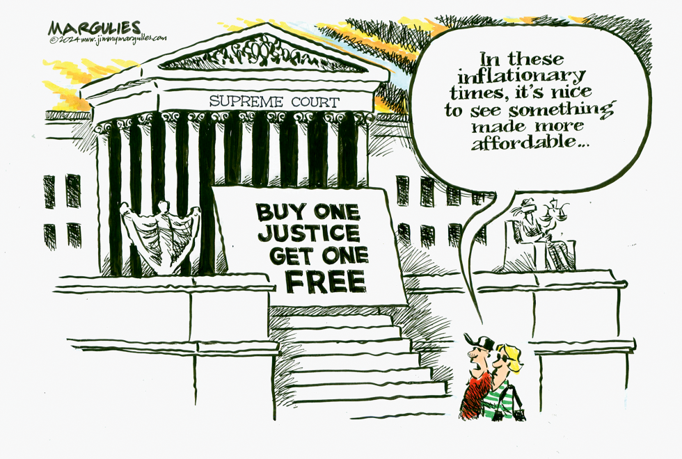 Supreme Court ethics cartoon shows buy one justice get one free sign