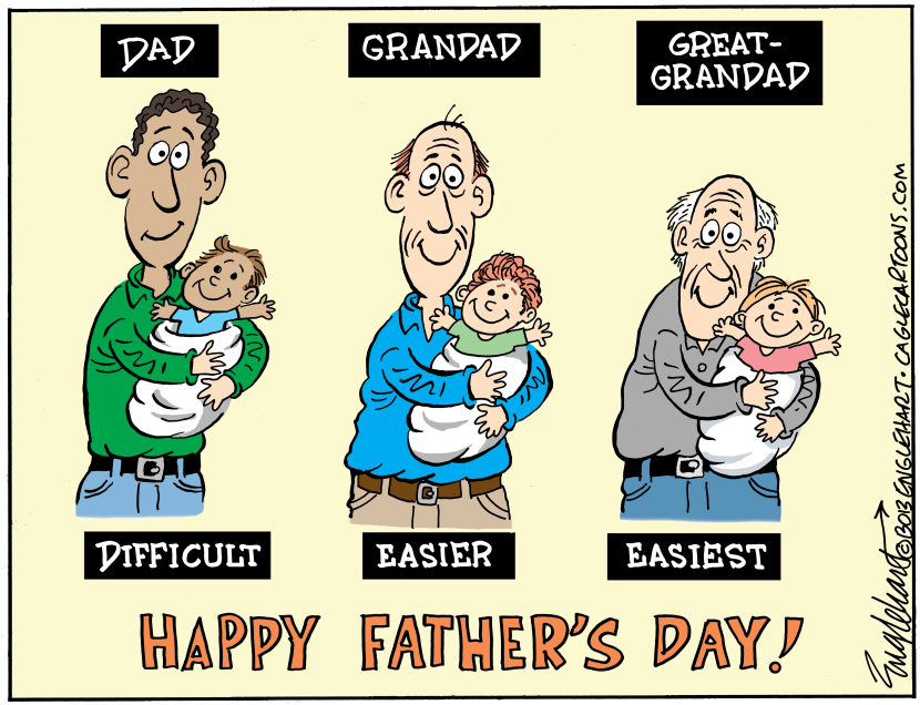 Generational fathers hold babies under labels progressing from difficult to easiest on Father's Day.