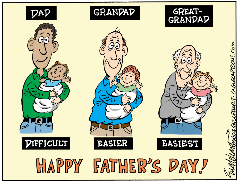 Generational fathers hold babies under labels progressing from difficult to easiest on Father's Day.