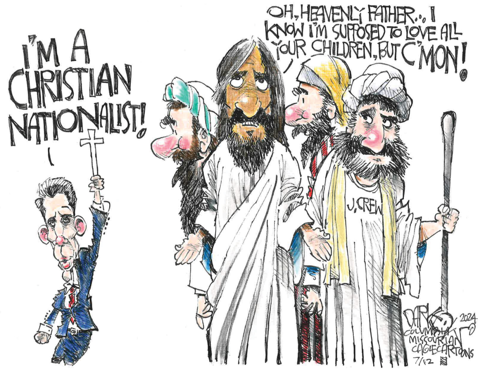 In this satirical cartoon, Josh Hawley proclaims himself a Christian Nationalist while Jesus expresses exasperation at such smug, arrogant piety.
