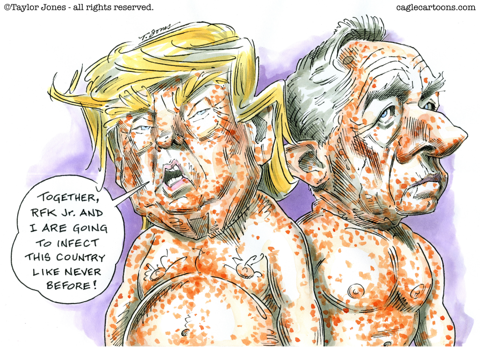 Trump and RFK Jr. depicted with rash in vaccine-related cartoon