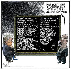 TRUMP FOCUSED ON NICKNAMES FOR KAMALA HARRRIS.  by Michael de Adder