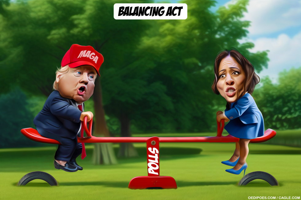 trump and harris balancing on a seesaw