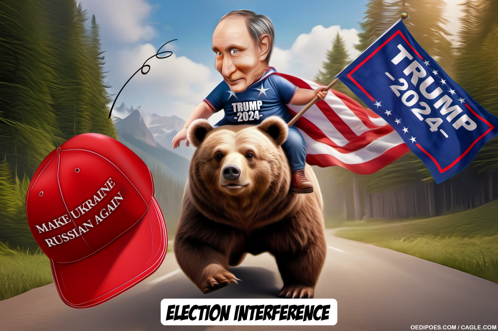 Putin riding a bear dressed as a Trump supporter