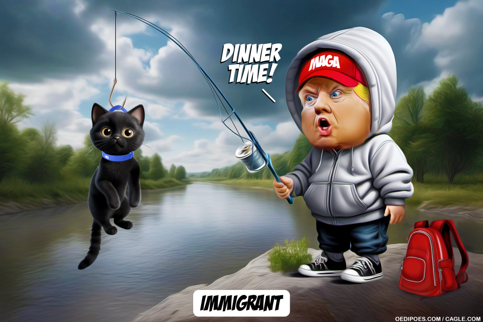 Trump dressed as Immigrant fishing for cats