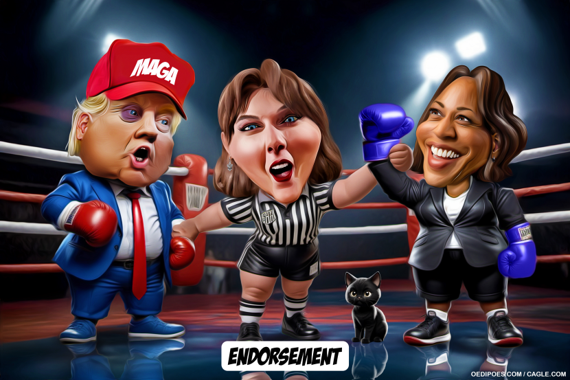 Taylor swift, harris and Trump in boxing ring