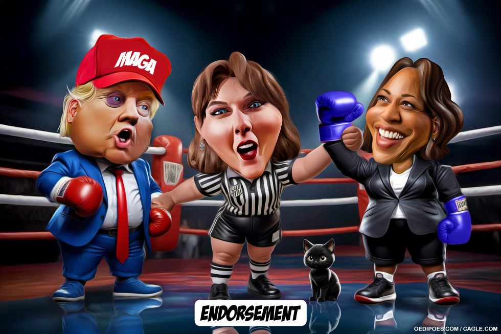 Taylor swift, harris and Trump in boxing ring
