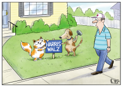 HARRIS-WALZ SIGN CAT AND DOG TRUMP by Christopher Weyant
