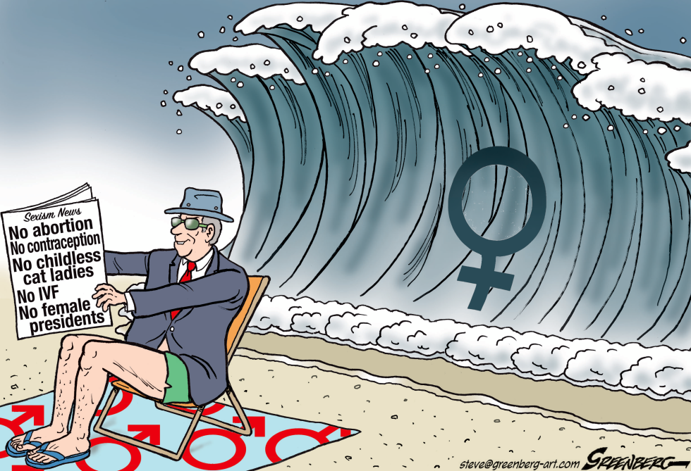 Sexist male at beach oblivious to female tsunami