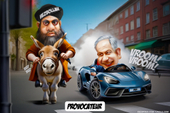 NETANYAHU IN SPORTS CAR WAITING AT TRAFFIC LIGHT  by Bart van Leeuwen