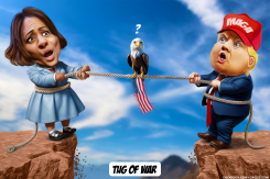 TRUMP AND HARRIS PLAYING TUG OF WAR by Bart van Leeuwen