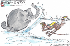 AFRICAN ELEPHANT THROWS SNOWBALL by Randall Enos