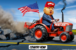 TRUMP RIDING A TRACTOR DESTROYING THE ROAD by Bart van Leeuwen
