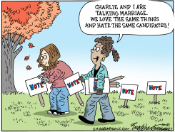 TWO CAMPAIGN WORKERS PLACING SIGNS IN A YARD by Bob Englehart