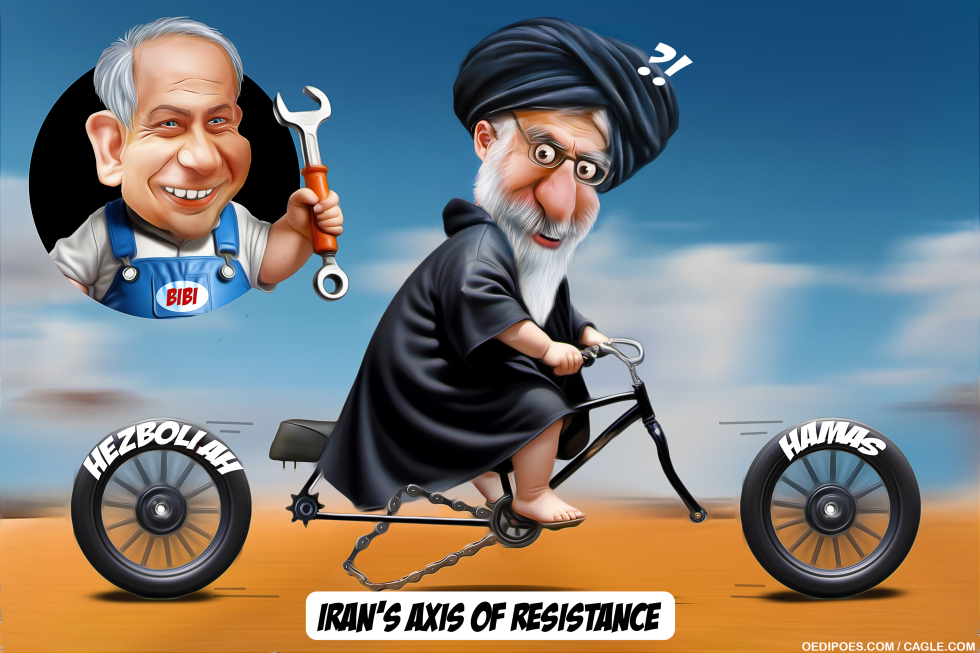 Ali Khamenei riding a sabotaged bicycle