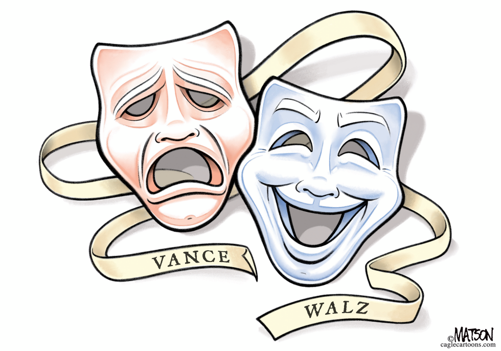 Vance and Walz depicted as tragedy and comedy masks before debate
