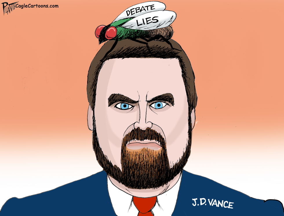 J.D. Vance caricature shows debate lies fly perched on candidate