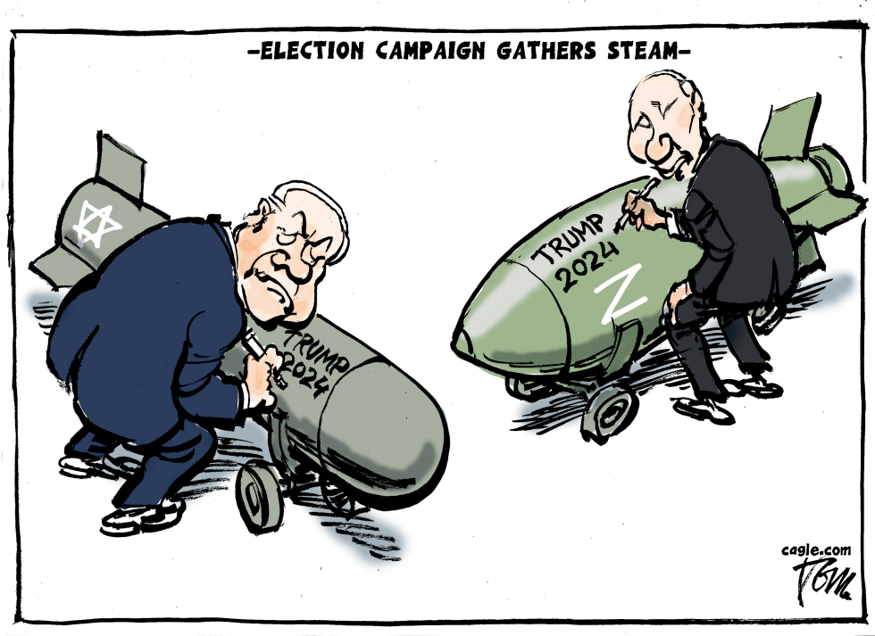 Netanyahu and Putin signing bombs for Trump