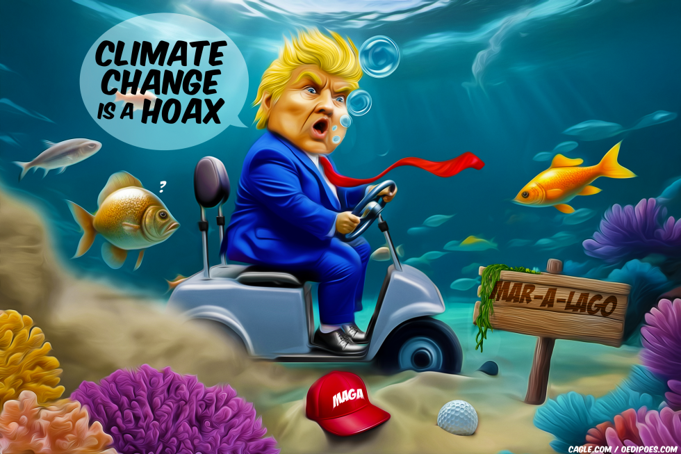 Trump riding a golf cart at bottom of ocean