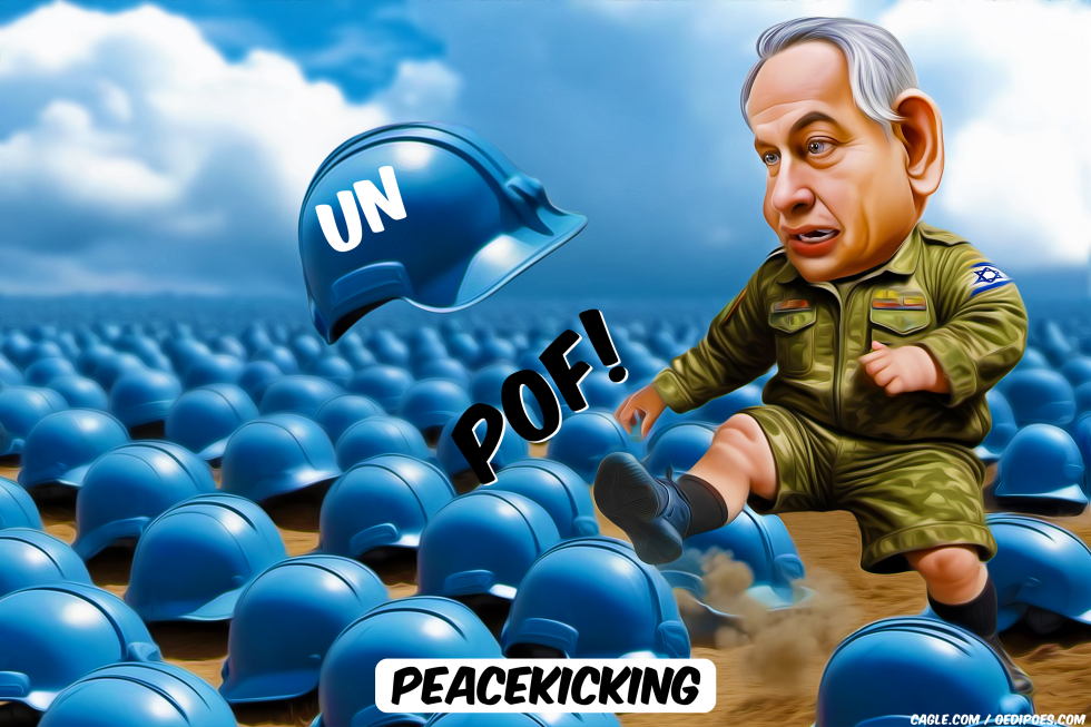 Netanyahu kicking UN blue helmet