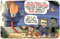 TRUMP LIES ABOUT MIGRANTS AT HALLOWEEN by Rick McKee