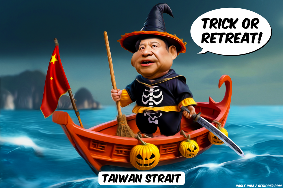 Xi Jinping dressed as a witch in a small boat