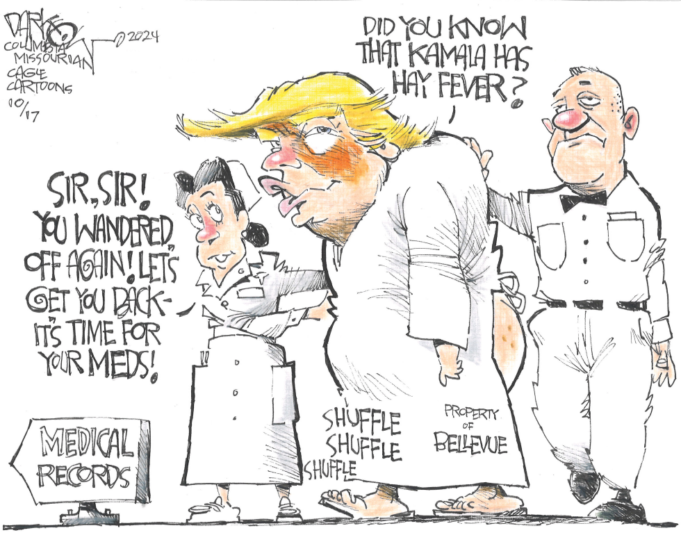 Trump depicted needing meds while questioning Harris health