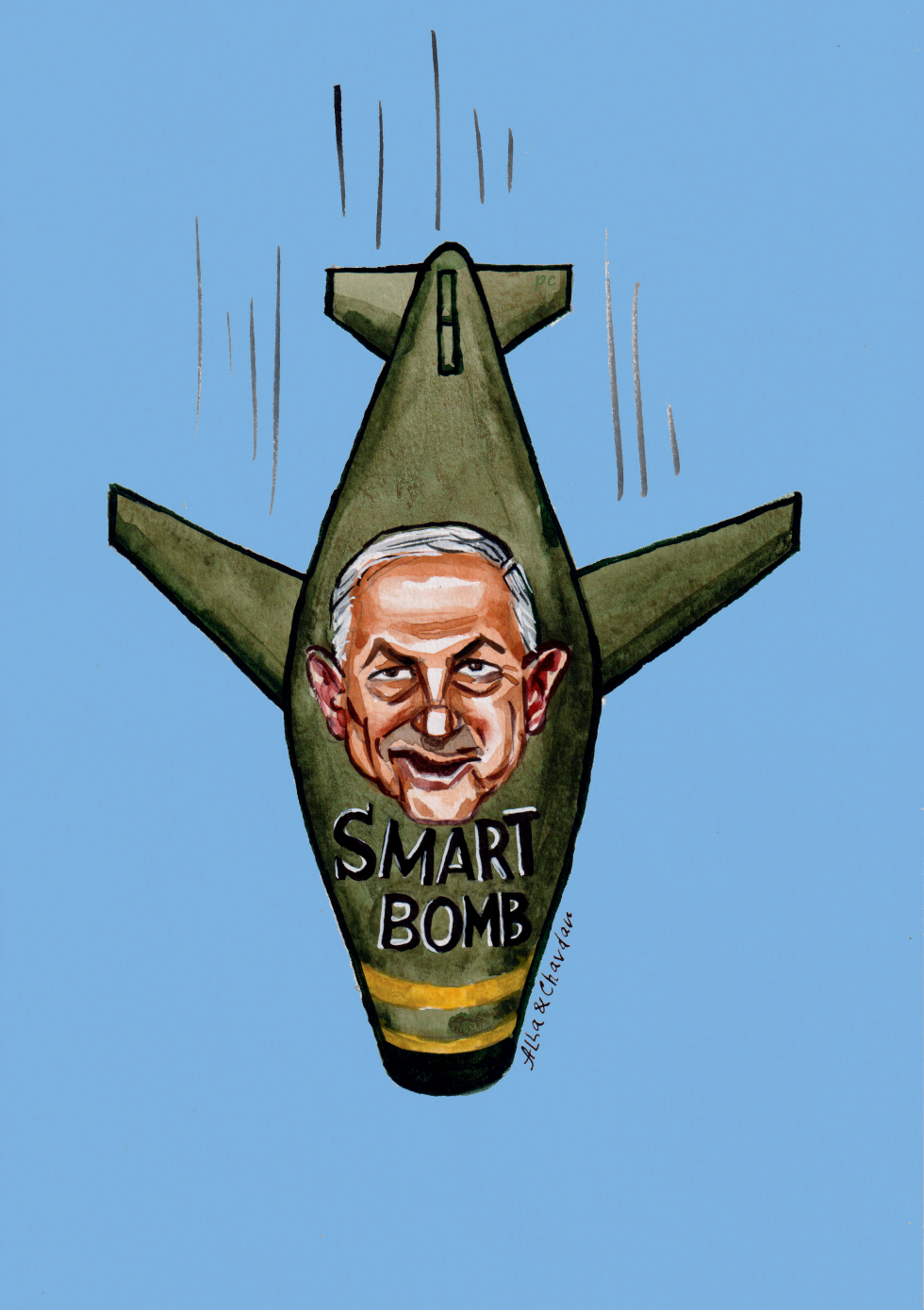 Netanyahu like a smart bomb flies down