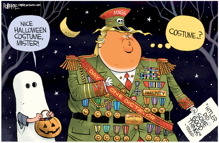 Trump appears in dictator uniform as child questions costume