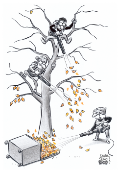 THREE YARD KEEPERS BLOW LEAVES FROM TREE by Gatis Sluka