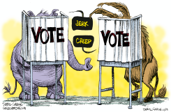 REPUBLICAN AND DEMOCRAT IN VOTING BOOTHS  by Daryl Cagle