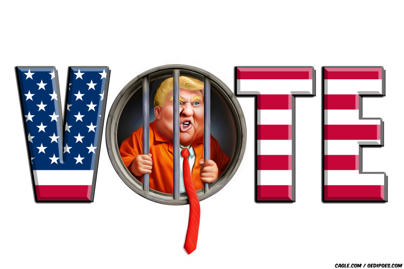 Trump imprisoned in letter O of the word 'VOTE'