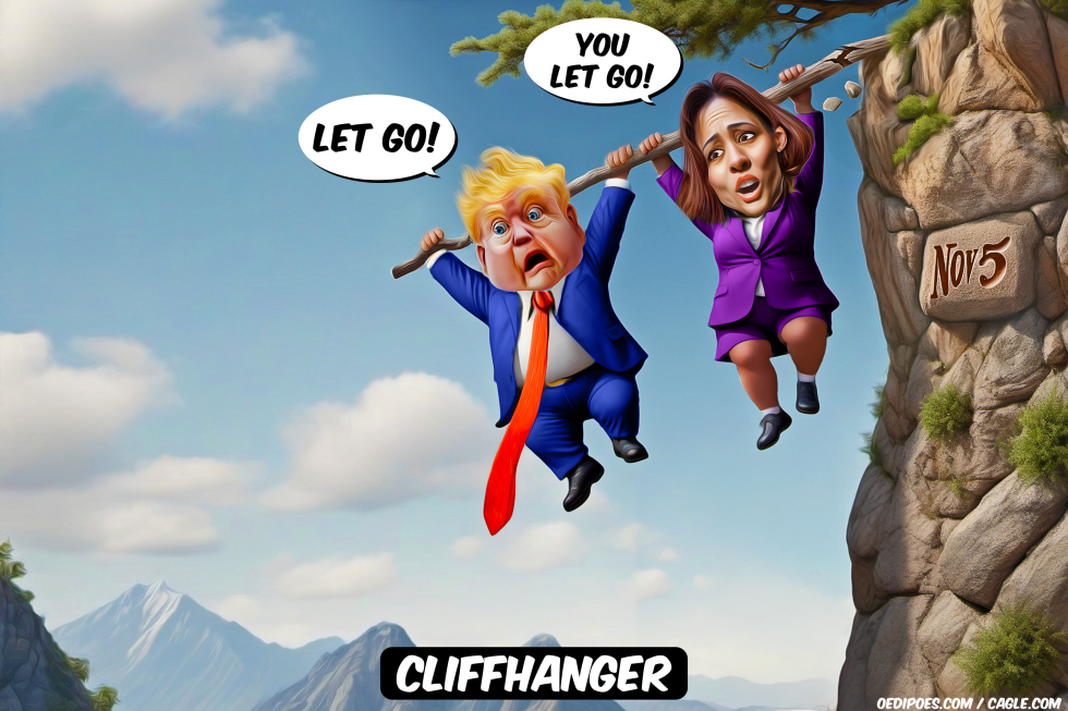 Trump and Harris hanging above ravine