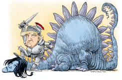 KNIGHT TRUMP DEFEATS DRAGON KAMALA by Daryl Cagle