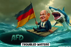 OLAF SCHOLZ SITTING ON A RAFT ON SEA by Bart van Leeuwen