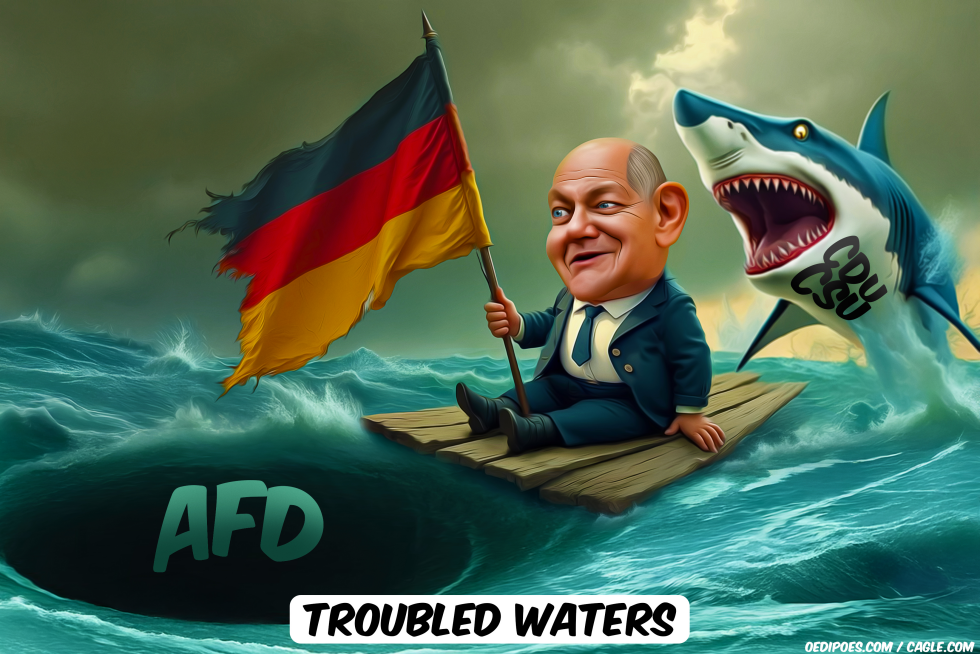 Olaf Scholz sitting on a raft on sea