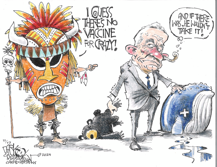 RFK Jr Shaman Figure Faces Suit and Whale in Vaccine Cartoon