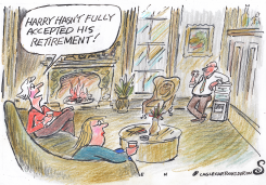 HUSBAND AT WATER COOLER IN HIS LIVING ROOM by Randall Enos