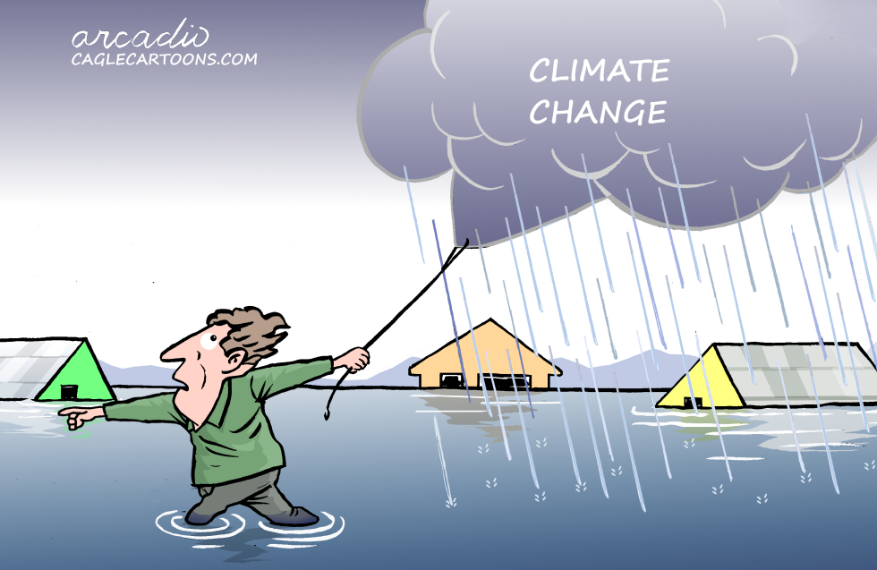 Climate change causes rainfall and flooding.