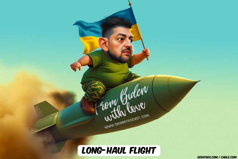 Zelensky sitting on a flying missile