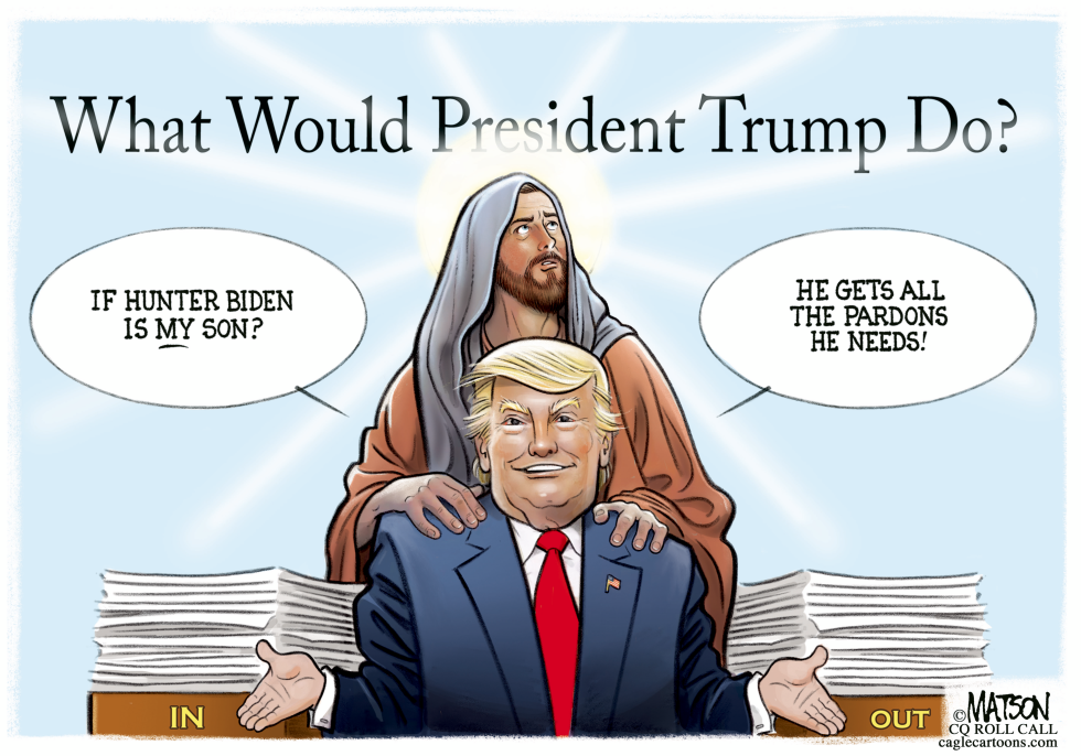 In this satirical cartoon, President Trump advises Jesus on pardoning Hunter Biden, blending politics with religious imagery for humor.